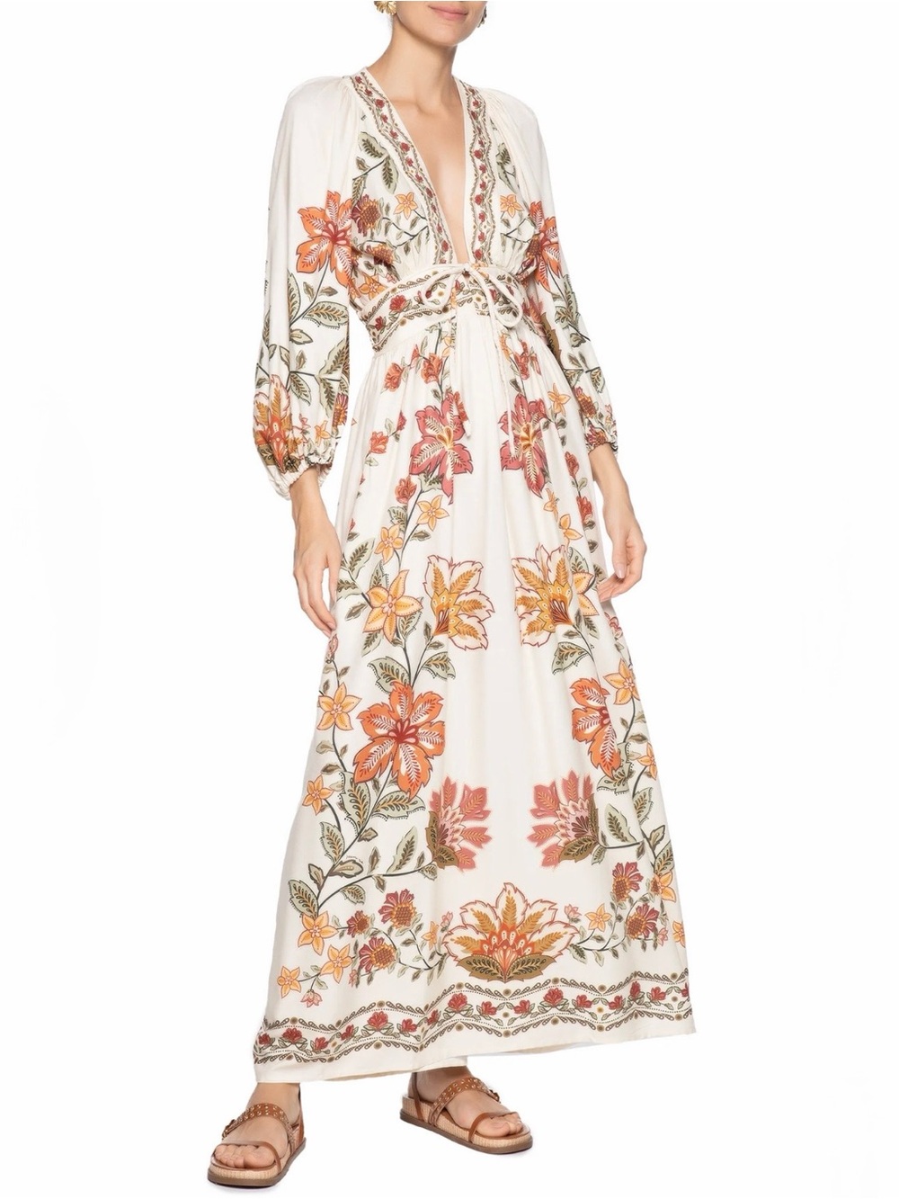 FARM Rio White Maxi Dress with Orange and Green Floral Embroidery Size S